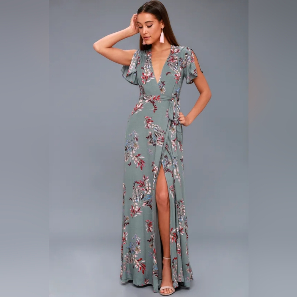 Lulu's Fiorire Slate Blue Floral Print Wrap Maxi Dress